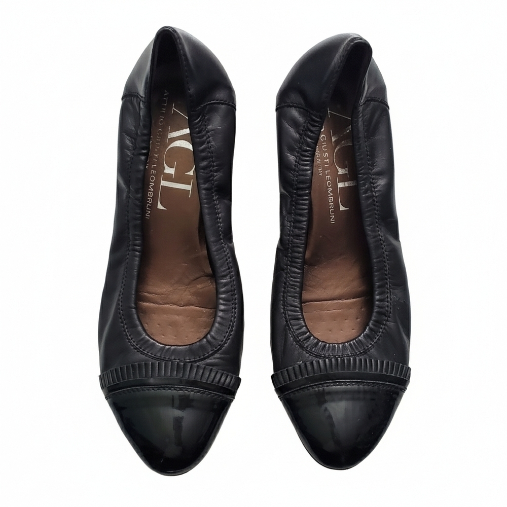 AGL Black Leather Pleated Captoe Kitten Heels